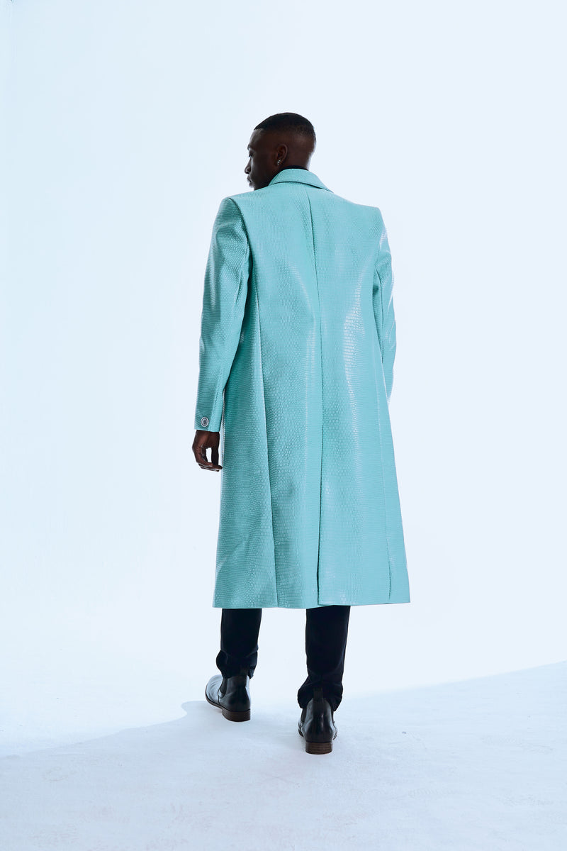 Teal Leather Shacket-collar Trench Coat