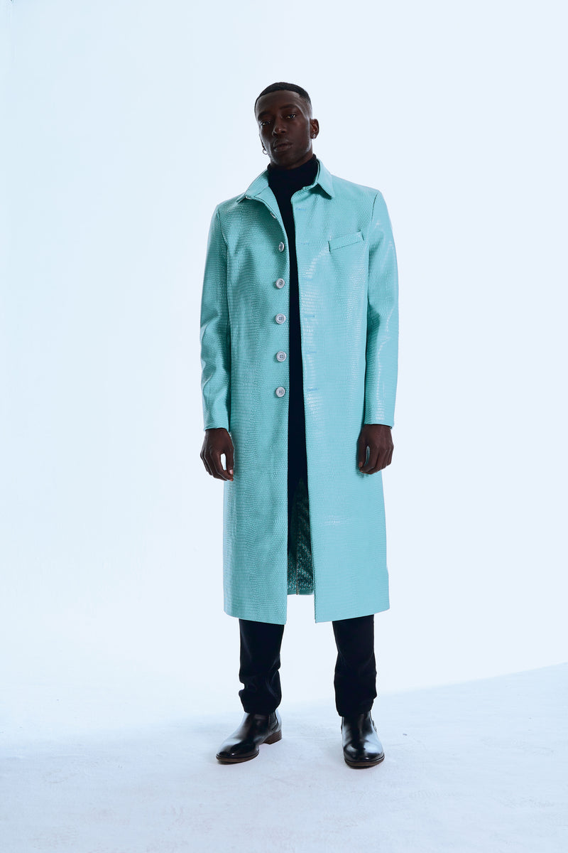 Teal Leather Shacket-collar Trench Coat